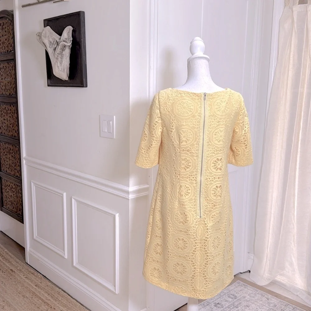 Adrianna Papell Womens Yellow Lace Shift Dress Elbow Sleeve Size 8 Spring Mod - Picture 4 of 11
